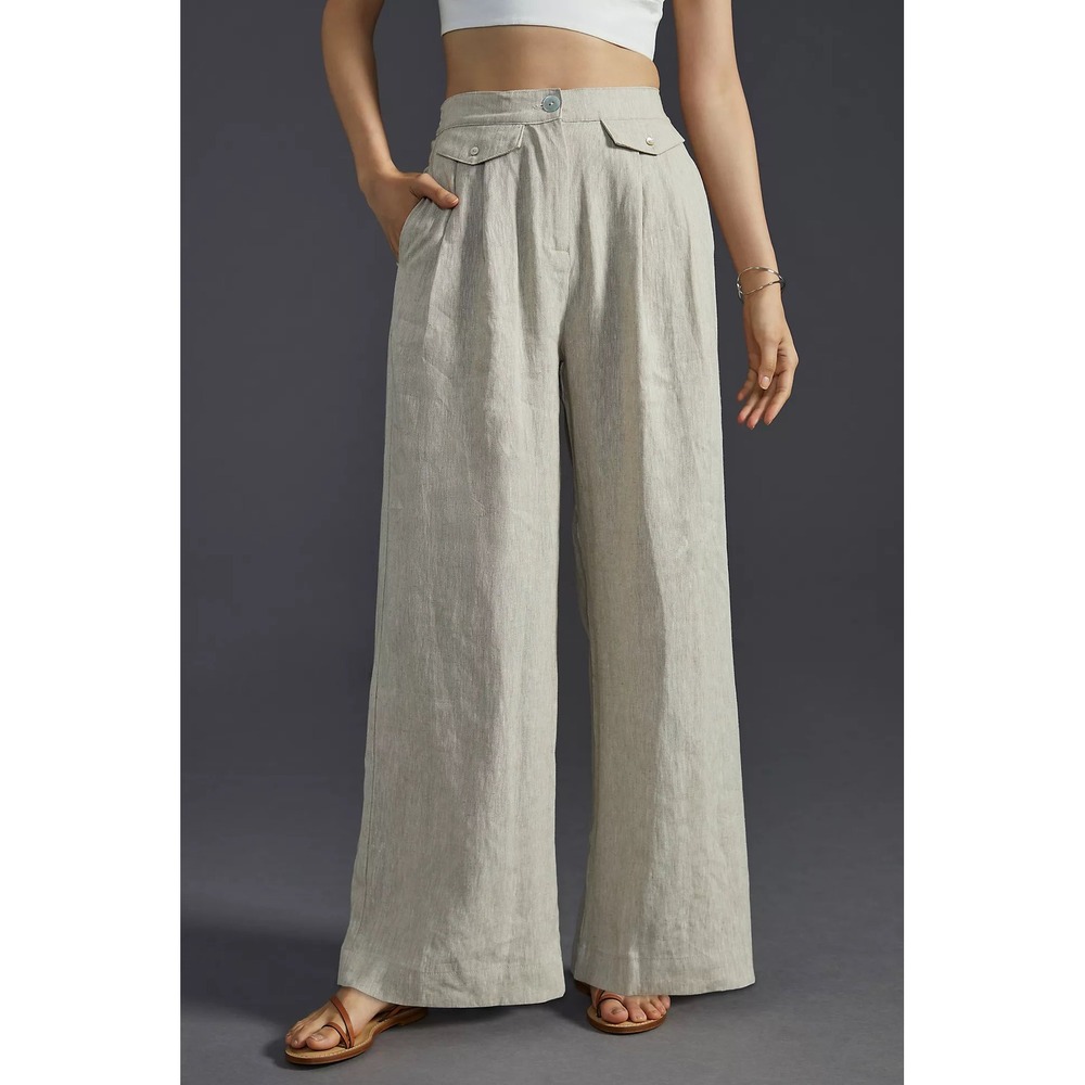 Sovere Instance Linen Pants Small Wide Leg Oatmeal Beige High Waisted Trousers S